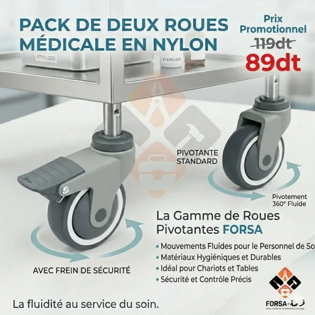 Pack 2 roues médicale en nylon